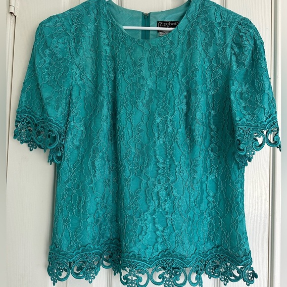 Vintage Cachet Teal Green Lace Blouse size 16 Made in USA - Picture 1 of 7